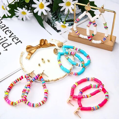 4 Pairs Heishi Hoop Earrings Rainbow African Vinyl Disc Bead Earrings Colorful Heishi Beaded Open Hoop Earring for Women in Saudi Arabia