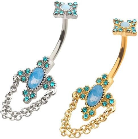 Pierced Owl - 14GA Blue Opalite Cross with Trinity Aqua Crystals and Dangle Chains 316L Surgical Stainless Steel Navel Belly Button Ring in Saudi Arabia