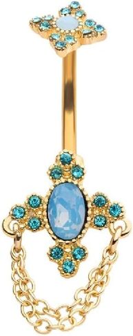 Pierced Owl - 14GA Blue Opalite Cross with Trinity Aqua Crystals and Dangle Chains 316L Surgical Stainless Steel Navel Belly Button Ring in Saudi Arabia