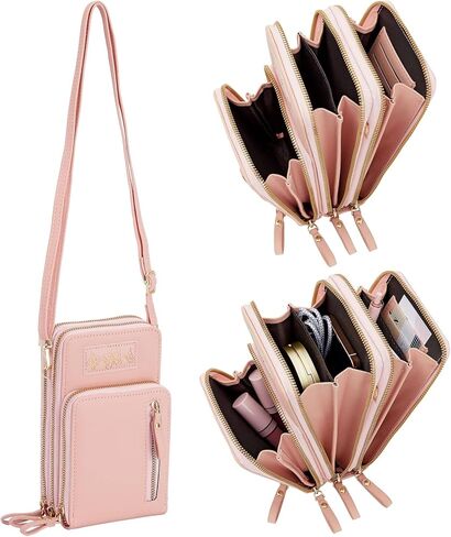 Small Crossbody Strap Cell Phone Purse for Women, 3 Zipper Compartments, Card Slots (Light Pink, 5 x 3 x 7 In) in Kuwait