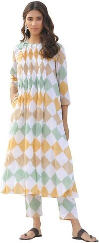 مجموعة كورتا ذا لوم مع بنطال للنساء بأكمام طويلة ملابس عرقية هندية ورقبة على شكل حرف V مطبوعة كورتي للبنات متعدد الألوان in Kuwait