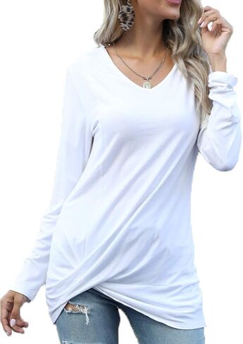 Sherosa Womens Twist Knot Long Sleeve Shirts Fall V Neck Loose Tunic Tops for Leggings in Saudi Arabia