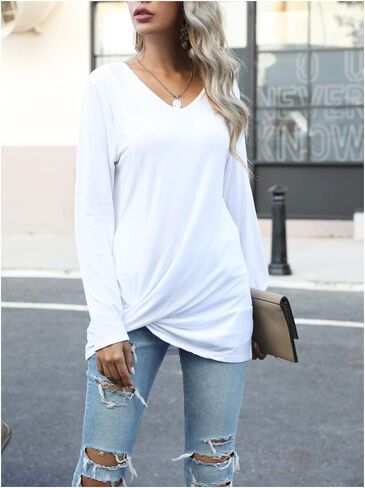 Sherosa Womens Twist Knot Long Sleeve Shirts Fall V Neck Loose Tunic Tops for Leggings in Saudi Arabia