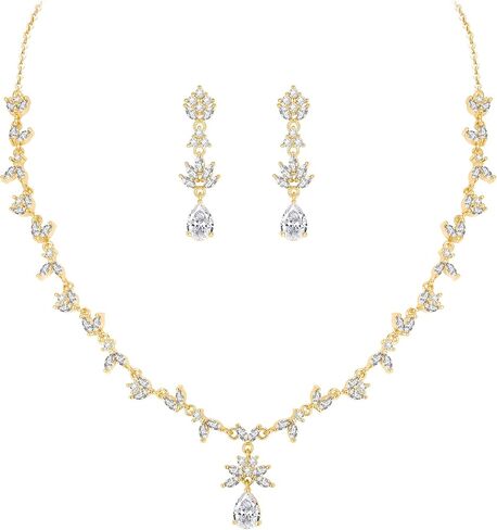 EleQueen Women's Wedding Bridal Jewelry Set for Brides Bridesmaids, Elegant Leaf Vine Cubic Zirconia Teardrop Necklace Earrings Bracelet Sets for Party Prom in Saudi Arabia