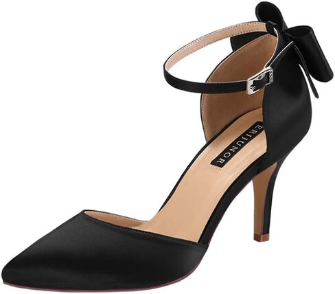 ERIJUNOR Wedding Evening Party Shoes Comfortable Mid Heels Pumps with Bow Knot Ankle Strap Wide Width Satin Shoes in Kuwait
