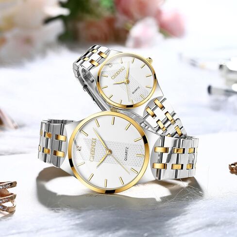ساعات زوجين فاخرة من JewelryWe باللون الذهبي والفضي من الفولاذ المقاوم للصدأ بتقويم كوارتز وحجر الراين ومجموعة ساعات له، للذكرى السنوية والزفاف وعيد الحب in Kuwait