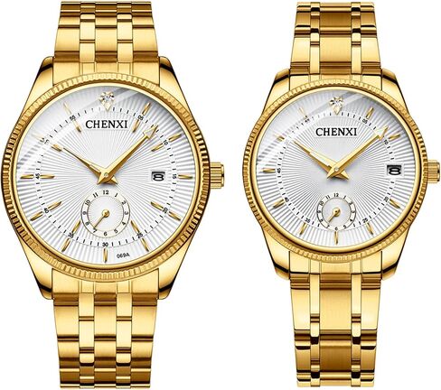 JewelryWe Luxury Couple Watches Gold-Silver Tone Stainless Steel Quartz Calendar Wristwatch Rhinestone His and Her Watch Set, for Anniversary, Wedding, Valentine's Day in Kuwait