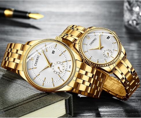 JewelryWe Luxury Couple Watches Gold-Silver Tone Stainless Steel Quartz Calendar Wristwatch Rhinestone His and Her Watch Set, for Anniversary, Wedding, Valentine's Day in Kuwait