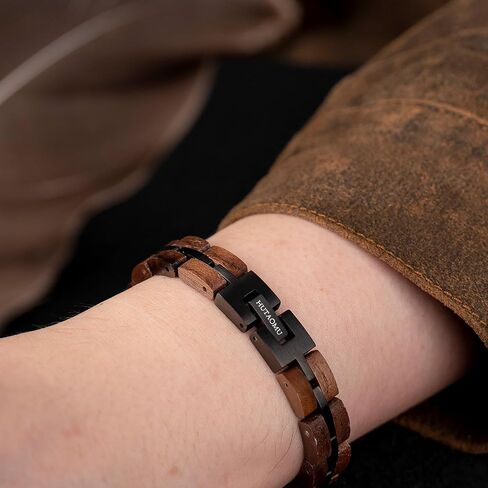 Wood Bracelets Mens Women,Walnut with Stainless Steel Bracelet Links,Gift Box Included - Unique Link Bracelet for Anniversary, Birthday, Wedding, Graduation,8" S09-1 in Saudi Arabia