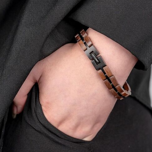 Wood Bracelets Mens Women,Walnut with Stainless Steel Bracelet Links,Gift Box Included - Unique Link Bracelet for Anniversary, Birthday, Wedding, Graduation,8" S09-1 in Saudi Arabia