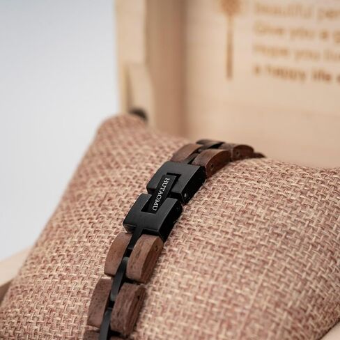Wood Bracelets Mens Women,Walnut with Stainless Steel Bracelet Links,Gift Box Included - Unique Link Bracelet for Anniversary, Birthday, Wedding, Graduation,8" S09-1 in Saudi Arabia