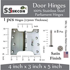 Ssiskcon design quality innovation Parliament Door Hinge Wide Throw Expandable Swing Clear projection Satin 32D Stainless Steel 4 Inch x 3 Inch x 5 Inch Self tapping Drilling Screws (Pack of 1)
