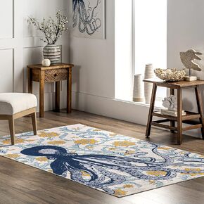 nuLOOM Patricia Machine Washable Octopus Ultra Thin Area Rug, 4' x 6', Blue