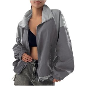 Y2k Jacket for Women Zip Up Waterproof Windbreaker Loose Drop Oversized Varsity Lightweight Jacket