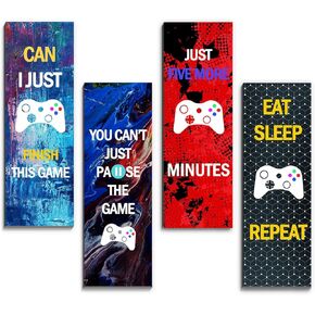 4pcs Game Sign for Boys Room Wooden Hanging Plaque Funny Gamer Quotes Decor for Playroom Bedroom Gifts for Game Lover Video Gaming Controller Sign Decorations