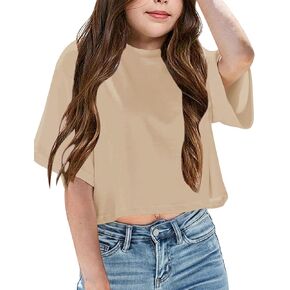 Yuccalley Girls Summer Round Neck Short Sleeve Crop Tees Casual Loose Fit Tees