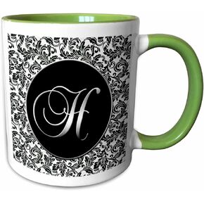 3dRose mug_38757_4 "Letter H - Black and White Damask" Two Tone Black Mug, 11 oz, Multicolor