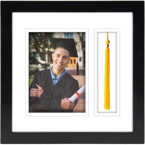 Golden State Art، إطار دبلومة مع حامل شرابة إطار 11x22 للوثيقة/الشهادة مقاس 8.5x11، صورة 4x6 مع حصيرة مزدوجة (أبيض فوق ذهبي)، حامل شرابة وزجاج حقيقي، أسود