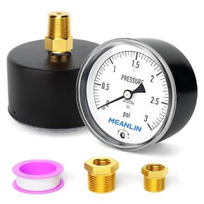 MEANLIN MEASURE 0-15 in H2O Diaphragm Type Capsule Low Pressure Gauge 1/4" NPT 2-1/3" FACE DIAL Adjustable Water Column Gauge, with 1/4" x 1/2" NPT and 1/4" x 3/8" NPT Hex Bushing, Back Mount