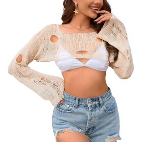 KEOMUD Women Crochet Y2K Crop Top Long Sleeve Hollow Out Cropped Knit Sweater Bikini Beach See Through Cover Ups