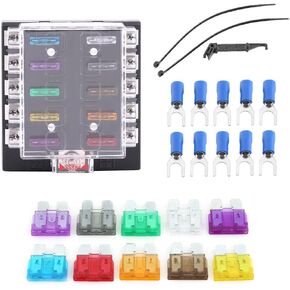 10 Way Blade Holder Box, DC 32V Automotive Circuit Standard Block Cover Kit Assortment for Auto Car Truck Boat ATC ATO with 10 Blade & 10 Terminals