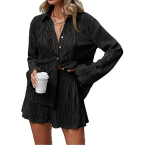 SHENHE Women's Pleated Set 2 Piece Outfits Button Up Long Sleeve Shirt and Shorts Set