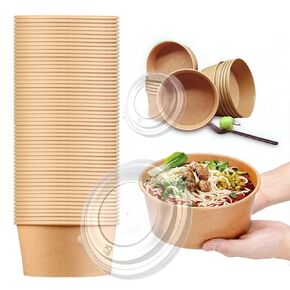 36Oz 50Pcs Large Paper Bowls with Lids, Disposable Soup Serving Bowls Bulk Party Supplies for Hot/Cold Food, Soup (36 OZ)
