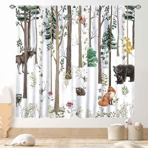 Woodland Curtains for Kids Room Nursery, Rustic Woodland Wild Animals Watercolor Forest Bear Deer Fox Country Blackout Window Draeps for Baby Girls Boys Bedroom Living Room 2 Panels Set, 42"x45" Inch