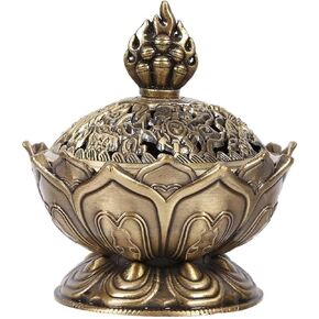 Incense Burner, Bronze Antique Chinese Asian Style Lotus Flower Incense Burner Pot Backflow Smoke Incense Burner Stick Cone Holder Zen Buddha Buddhist Meditation Decor Gift Set(Bronze)