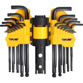 Topline 27-Piece Long Arm Allen Wrench Set with Ball End, SAE, Metric Hex Key Set Included, Hex L-Key Set, Portable Allen Key Set With Storage Rack for Basic Home Repair and General Applications