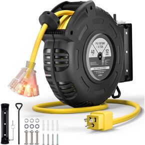 addlon Retractable Extension Cord Reel - 40FT Heavy Duty 12 AWG Power Cord with 5FT Ultra Lead In, 3 LED Outlets, Safety 15 Amp Circuit Breaker, Ceiling/Wall Mount for Workshop/Garage - SJTOW/ETL