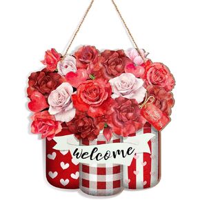 Karenhi Valentine's Day Welcome Sign Wood Valentine Rose Front Door Decor Wooden Hanger Sign Flowers Wood Hanging Sign Outdoor Wooden Front Door Decorations for Farmhouse Porch Christmas Wall Decor