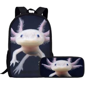 AmzPrint Axolotl حقيبة الكتب المطبوعة على شكل حيوان مع صندوق الغداء للفتيات الأطفال الأمريكيين العودة إلى المدرسة هدية 3 قطعة مجموعة حقيبة الظهر