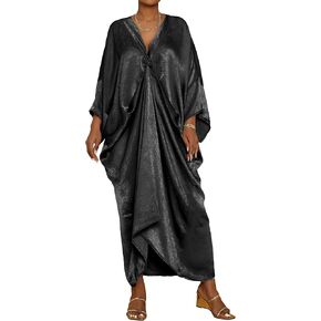 Bsubseach Kaftan Dresses for Women Satin V-Neck Caftan Coverups Dress Long Plus Size Beach Cover Up
