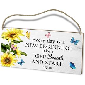 Sunflower Decor Wooden Wall Hanging Sign, Inspirational Wall Decor Plaque Wall Art for Door Shelf Living Room Kitchen, Every Day is A New Beginning Spring Door Decorations -(06)