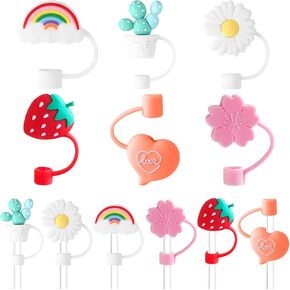 6 PCS Straw Covers Cap with 6 Reusable Drinking Straws,6-8mm Cute Flowers Fruit Straw Toppers for Normal Cup Silicone Straw Tip Covers Kawaii Drinking Dust-Proof Straw Plugs