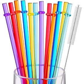 12 Pieces 11 Inches Reusable Plastic Straws for Tall Cups and Tumblers, BPA-Free Unbreakable Clear Colored Replacement Drinking Straws with 1 Cleaning Brush, Not Dishwasher Safe