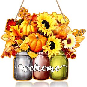 FaCraft Autumn Fall Welcome Sign Wreath for Front Door Decorations Hello Fall Decor Sign Farmhouse Pumpkin Maple Leaves Sunflower Sign Plaque for Home Wall Porch Fall Autumn Thanksgiving Decorations