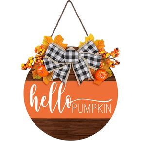 Whaline Fall Thanksgiving Welcome Wooden Sign Hello Pumpkin Wood Sign with Bow Artificial Leaves Berries Pumpkin Rustic Farmhouse Door Hanger for Autumn Harvest Home Office Decoration