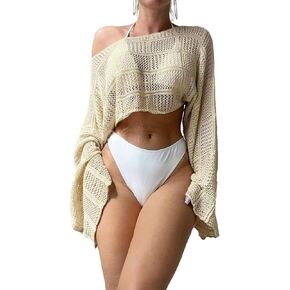Bathing Suit Cover Ups for Women, Women's Off The Shoulder Hollow Out Top Long Sleeve Swimwear Beach Bikini