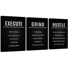3 Piece Inspirational Wall Art Motivational Wall Art Hustle Grind Execute Wall Art Set Quotes Wall Decor Office Art Motivational Poster Motivational Canvas Wall Art for Office Decor (12''Wx16''Hx3PCS)