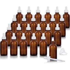 JUVITUS 2 oz / 60 ml Amber Glass Boston Round White Dropper Bottle + Funnel (24 pack)