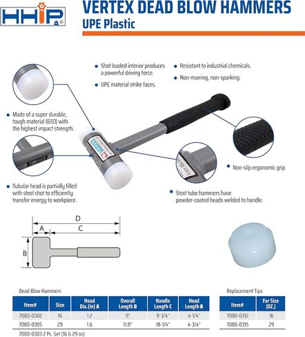 HHIP Pro Series 7080-0302 Vertex Dead Blow Hammer، مطرقة Deadblow مع وجه بلاستيكي UPE، رأس فولاذي قطره 1.2 بوصة، غير قابل للتشوه، 16 أونصة in Saudi Arabia