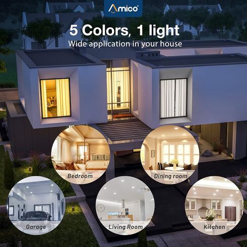 Amico 5/6 بوصة 5CCT LED إضاءة غائرة 12 حزمة، قابلة للتعتيم، مصنفة للرطوبة، 12.5W = 100W، 1000LM يمكن أن تضيء مع حافة يربك، 2700K/3000K/4000K/5000K/6000K قابلة للتحديد، تركيب التحديثية - ETL وFCC in Saudi Arabia