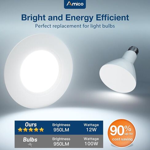 Amico 5/6 بوصة 5CCT LED إضاءة غائرة 12 حزمة، قابلة للتعتيم، مصنفة للرطوبة، 12.5W = 100W، 1000LM يمكن أن تضيء مع حافة يربك، 2700K/3000K/4000K/5000K/6000K قابلة للتحديد، تركيب التحديثية - ETL وFCC in Saudi Arabia