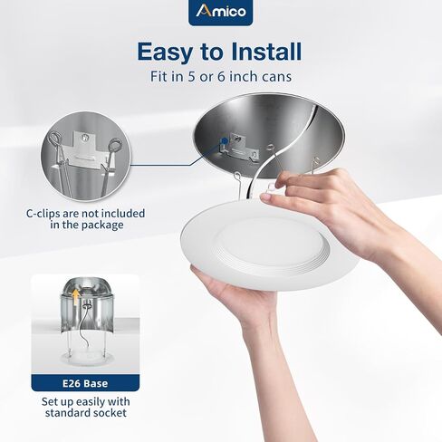 Amico 5/6 بوصة 5CCT LED إضاءة غائرة 12 حزمة، قابلة للتعتيم، مصنفة للرطوبة، 12.5W = 100W، 1000LM يمكن أن تضيء مع حافة يربك، 2700K/3000K/4000K/5000K/6000K قابلة للتحديد، تركيب التحديثية - ETL وFCC in Saudi Arabia
