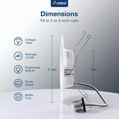 Amico 5/6 بوصة 5CCT LED إضاءة غائرة 12 حزمة، قابلة للتعتيم، مصنفة للرطوبة، 12.5W = 100W، 1000LM يمكن أن تضيء مع حافة يربك، 2700K/3000K/4000K/5000K/6000K قابلة للتحديد، تركيب التحديثية - ETL وFCC in Saudi Arabia