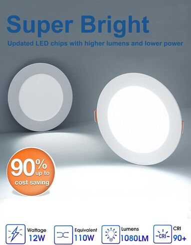 6 Inch Ultra-Thin LED Recessed Ceiling Light with Junction Box, 6000K Daylight, 12W 110W Eqv, Dimmable Can-Killer Downlight, 1050LM High Brightness (6500K-Daylight, 6 inch-12Pack) in Saudi Arabia