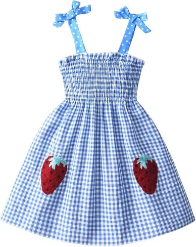 SOLY HUX Toddler Girl's Plaid Tie Shoulder Cami Dress Shirred Strawberry Patched A Line Dresses in Saudi Arabia