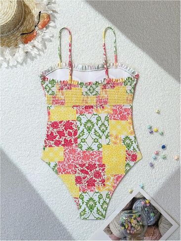 WDIRARA Women's One Piece Smocked Floral Beachwear Frill Trim Vacation Bikini Swimsuit in Saudi Arabia